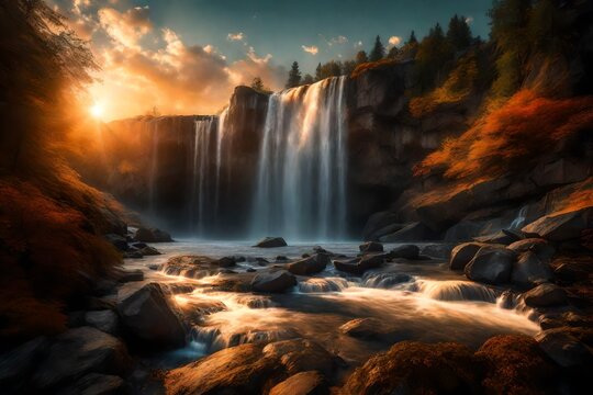 During the evening, beneath a clear blue sky, a stunning waterfall flows into a vibrant green field, forming an absolutely magnificent and awe-inspiring spectacle © Asad