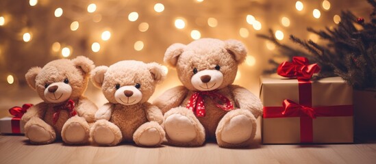 Holiday time teddy bear family gathered by the Christmas tree at home