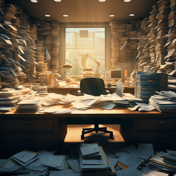 Ein leeres Zimmer / B&uuml;ro voller Papierkram und Restarbeit. Die Flucht vor der Arbeit