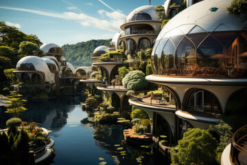 Individuals residing in floating eco-cities, harnessing renewable energy and living sustainably above the water. Generative Ai.