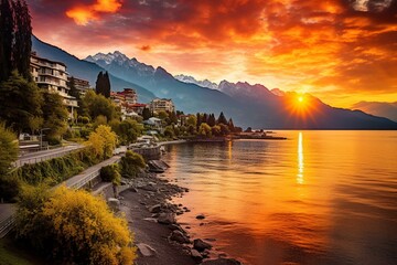 Scenic sunrise over Montreux, Lake Geneva in Switzerland. Generative AI - obrazy, fototapety, plakaty