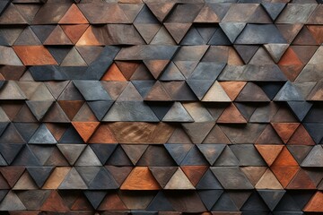 Arrangement of textured triangular stone mosaic tiles forming a wall with stacked bricks to create a 3D block background. Generative AI