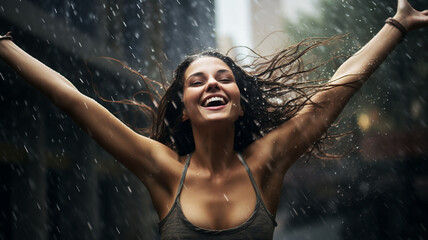 Fototapeta premium Happy girl dancing in the rain, shrouded in water droplets shimmering in the sun's rays.. Generative AI