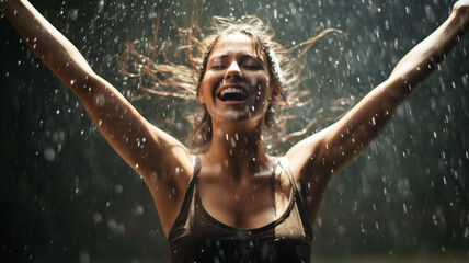 Happy girl dancing in the rain, shrouded in water droplets shimmering in the sun's rays.. Generative AI - obrazy, fototapety, plakaty