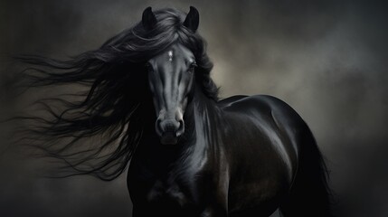 Portrait of a black horse representing the spirit of the wild. - obrazy, fototapety, plakaty