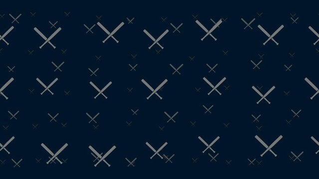 Baseball bats symbols float horizontally from left to right. Parallax fly effect. Floating symbols are located randomly. Seamless looped 4k animation on dark blue background
