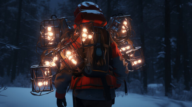 A traveler with a large backpack, on which ancient fancy-shaped lanterns with warm light hang, walks through a snow-covered dark forest. The concept of Christmas and a time of hope