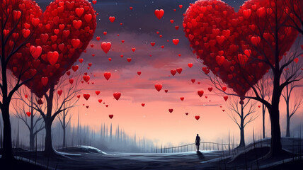 Beautiful Valentine's Day background in red tones. Generative AI  - obrazy, fototapety, plakaty