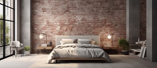 a Scandinavian loft bedroom with a red brick wall