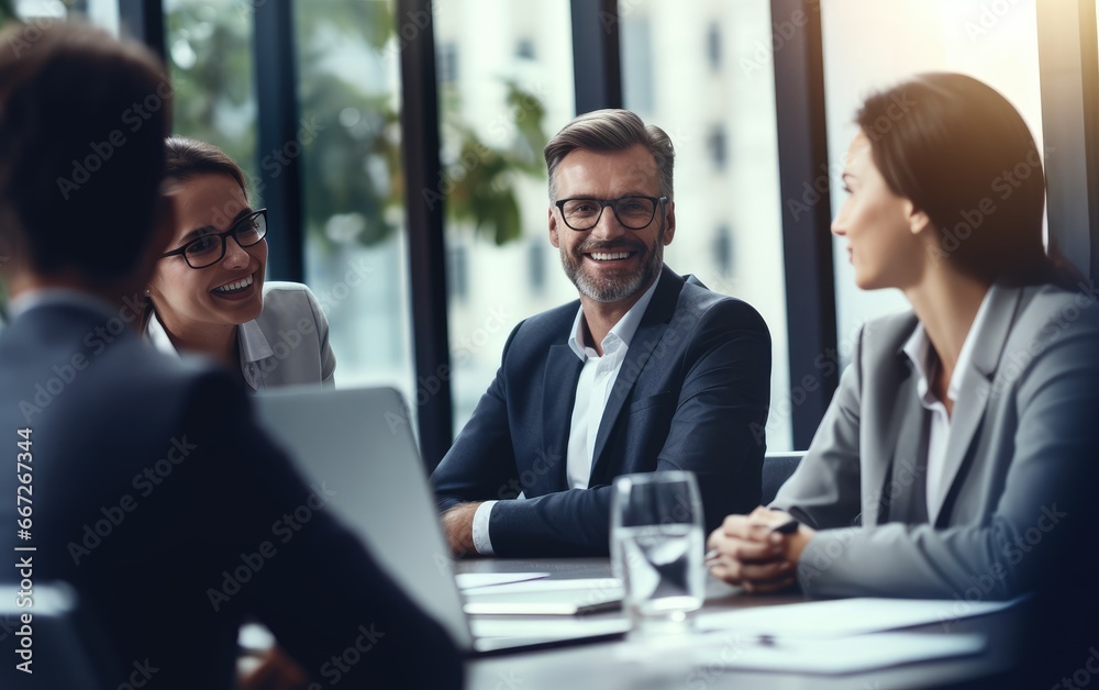 Wall mural group of employees sitting in a conference room having discussion