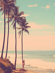 Fototapeta na wymiar Woman walking down the beach looking at palm trees.