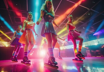 Female ice skaters perform in a club at night. - obrazy, fototapety, plakaty