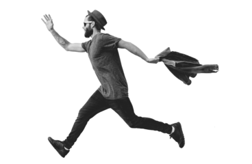 Crazy running in air hipster guy. Collage in magazine style 
