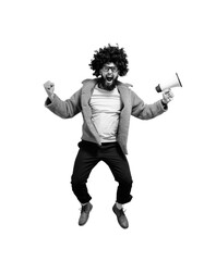 Funny portrait of an emotional jumping guy with a megaphone. Collage in magazine style. Flyer with...