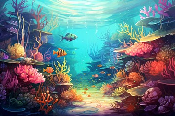 Fototapeta na wymiar Vintage-style digital painting featuring colorful fish, coral reefs, marine plants, crustaceans, squids, and jellyfish in the Red Sea's Gulf bottom. Generative AI
