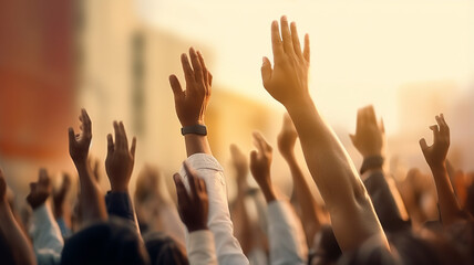a crowd of people raising their hands at a mass party, - obrazy, fototapety, plakaty