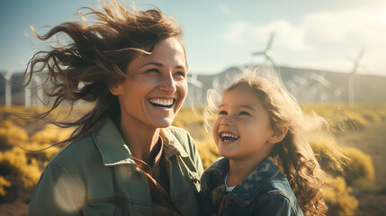 Mother and kid girl at solar panel farm. Happy family laughing together. Alternative energy and sustainable life style concept - Ai generative - obrazy, fototapety, plakaty