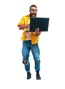 Jumping, running crazy programmer, web developer or designer holding laptop in his hands. Discount, sale, season sales. Shocked or surprised facial expression. Funny promotion poster.