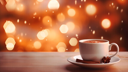 Fototapeta premium A cup in hot cocoa, close-up, Christmas decorations, delicate bokeh and warm color. Generative AI