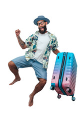 Funny portrait of an emotional jumping guy in a hat and Hawaiian shirt with a suitcase on wheels. Magazine style collage. Flyer with trendy colors, advertising copy space. Vacation and tourism concept