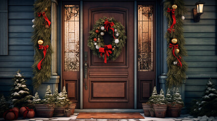 a front door decorated with a festive Christmas wincheck. Generative AI 