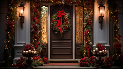 Fototapeta premium a front door decorated with a festive Christmas wincheck. Generative AI 