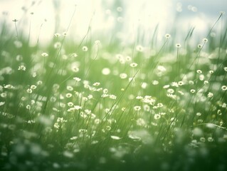 background wallpapers with green grass with small white wildflowers