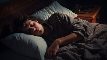 Obraz premium Generative AI , person suffering from insomnia lies in bed and tries to sleep. 