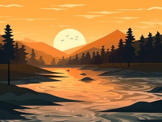 Background of waves breaking on the forest river bank in the sunrise. AI Generation