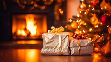 bag with gifts on the background of fireplace and Christmas tree, warm and gentle bokeh, Generative AI