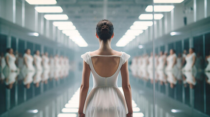 beautiful young ballerina, in white dress, on the background of a dance hall with mirrors....