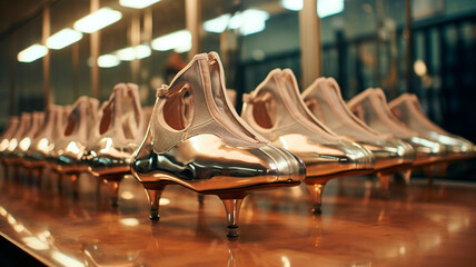 Close-up, pointe shoes for ballet, against the background of a dance hall with a machine and mirrors. Generative AI