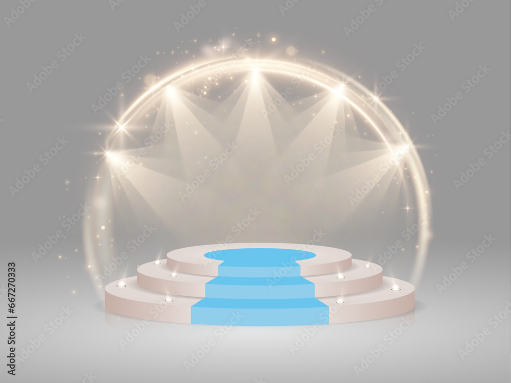 Poster Podium for product presentation vector illustration. Abstract empty award platform with light round frame, bokeh effect and rays of light.