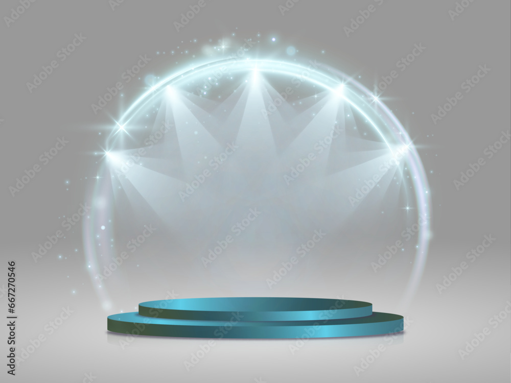 Poster Podium for product presentation vector illustration. Abstract empty award platform with light round frame, bokeh effect and rays of light.