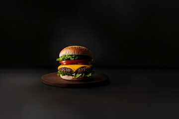 The fresh and delicious cheesy double hamburger with fries on a black background