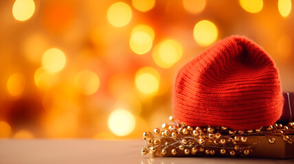 Close-up of knitted hat and Christmas decorations, delicate bokeh and warm color. Generative AI