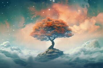 Surreal fantasy landscape featuring a mystical tree in dreamy design and tender atmosphere. Generative AI - obrazy, fototapety, plakaty