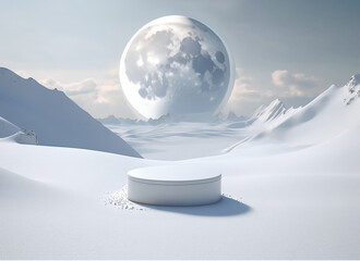 White podiums for product display on the winter landscape background with mountains and moon