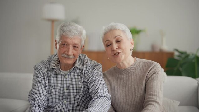 Smiling happy senior couple man and woman calling video chat and emotionally talking looking at camera. They wave hands greeting talker. Modern technologies in everyday life of old people concept.