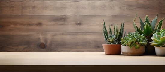 Interior design concept featuring a wooden table with small green cactus and leaf plants