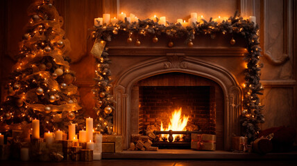 New Year background, near the fireplace, Christmas tree and candles, gentle bokeh, and warm color. Generative AI 