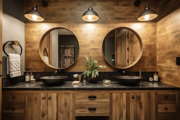 A contemporary rustic bathroom featuring a wooden vanity, black and gold lights above circular mirrors, and a granite countertop. Generative AI