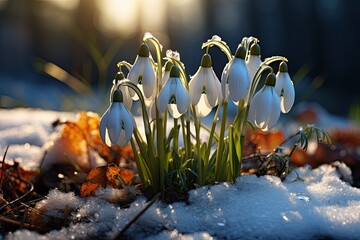 Early spring concept. Flowers snowdrops in garden, sunlight. First beautiful snowdrops in spring. Common snowdrop blooming. Galanthus nivalis bloom in spring forest. Snowdrops close up.