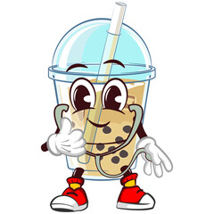 mascot character of a glass of iced boba with funny face medical worker doctor with statoscope, isolated cartoon vector illustration. emoticon, cute boba ice glass mascot
