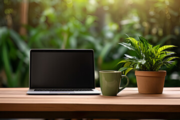 Modern computer, laptop with blank screen on table with window view background