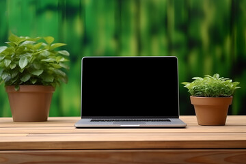 Mock up image of laptop computer with blank black desktop screen on wooden table