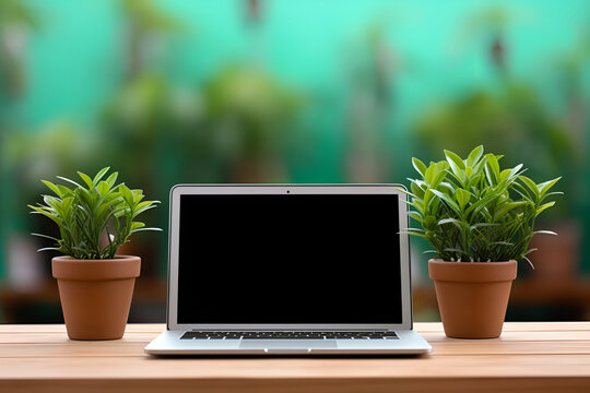 Laptop on the green bokeh backrounds