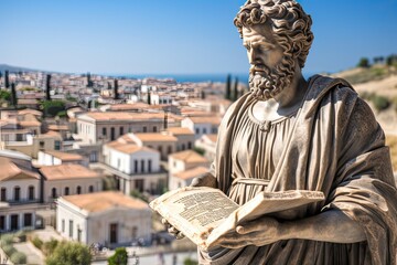 Marcus Aurelius holding a philosophy book, in the background of blue sky and a roman city.