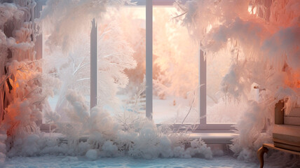 View from the street through a window in frosted patterns, inside the house you can see the fireplace burning . Generative AI 