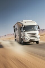 Obraz premium RV that drives at high speed through the desert on a sunny day